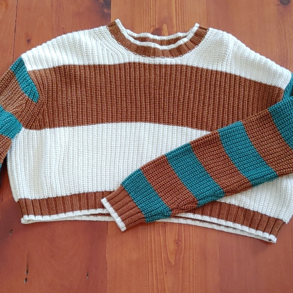 American Eagle Striped Knit cropped Sweater - Brown, White, Teal